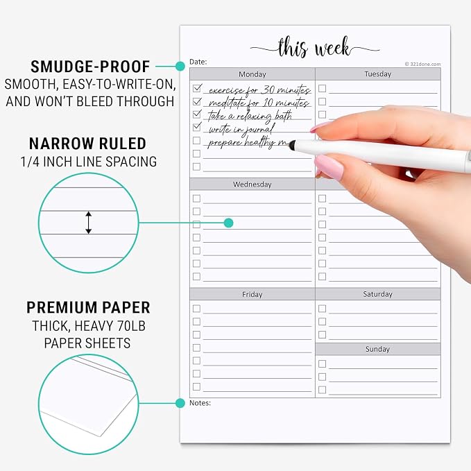 321Done Weekly Checklist Notepad, 5.5x8.5 Size Pad - Image 3