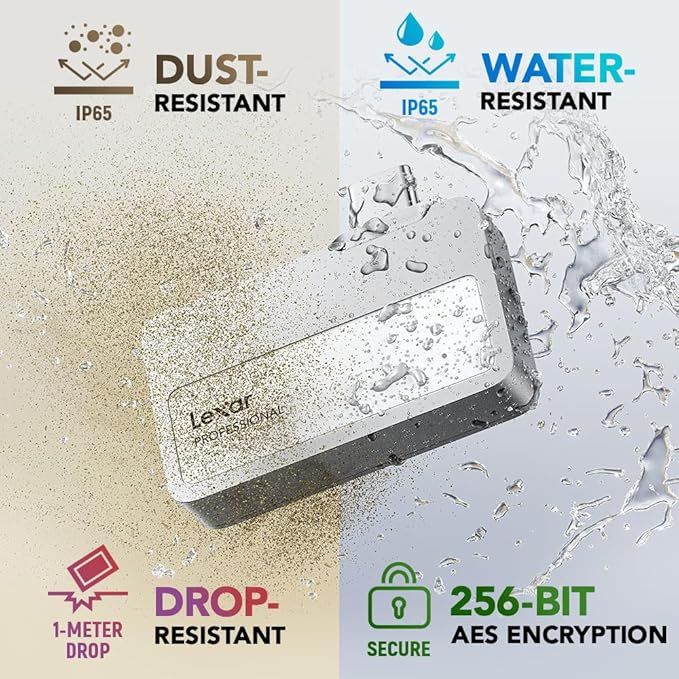 Lexar 1TB Professional Go Portable SSD w/Hub, Supports Apple 4K 60fps ProRes, Up to 1050MB/s, USB 3.2 Gen 2, Rugged, IP65, Ultracompact, Compatible w/iPhone 15/16, External SSD (LSL400S001T-RNSNU)-DeskLoop Office