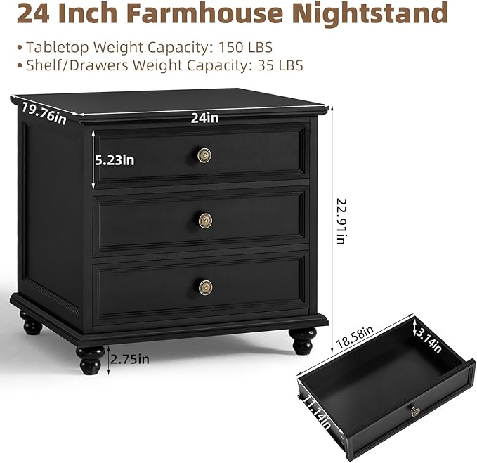 24" Wide Farmhouse Night Stand Set of 2,Large End Table with 3 Drawers & Metal Handle,Wood Dresser for Bedroom Cabinet, Bed Side Table Chest of Drawers,Nightstand for Living Room,Closet,Black-DeskLoop Office