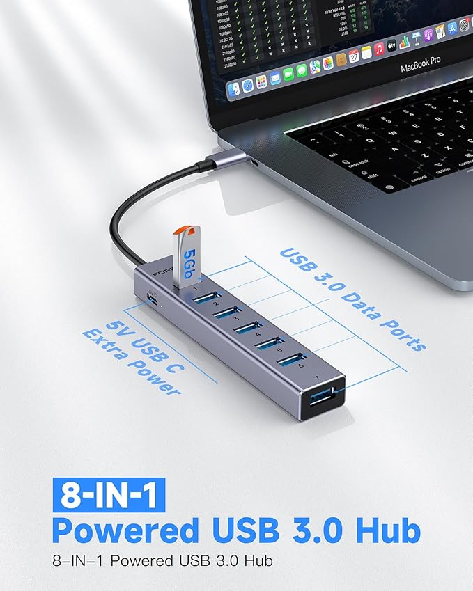 FORIDA USB C to USB Hub, 8 Ports USBC HUB with 7 USB 3.0 Data Ports, Aluminum Alloy Shell USB Splitter with USB C 5V/3A Power Port for Laptop PC and More-DeskLoop Office