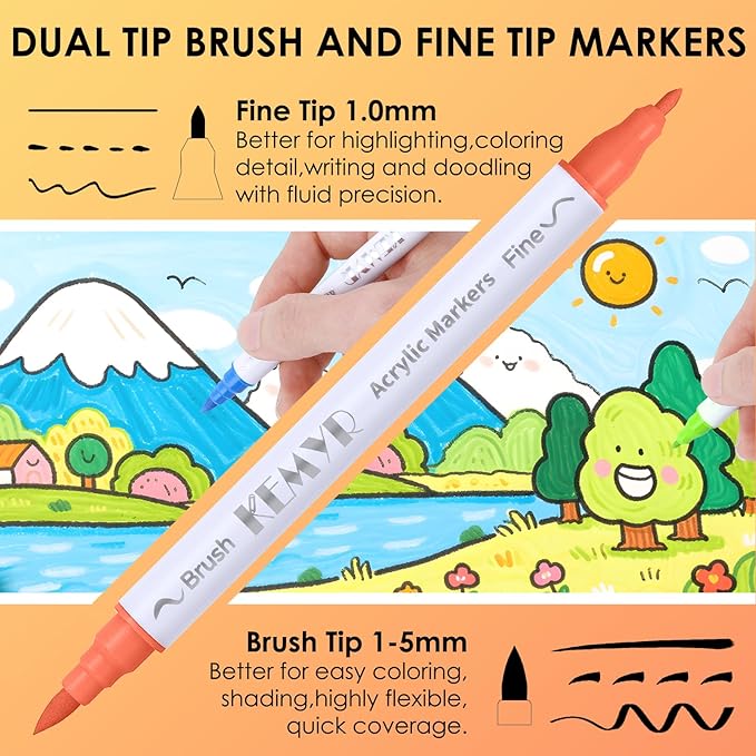48 Colors Brush & Fine Tip Acrylic Paint Pens, Dual Tip Acrylic Paint Markers for Paper, Wood, Canvas, Stone, Rock, Glass, Fabric, DIY, Ceramic, Art Supplies for Kids and Adults Drawing-DeskLoop Office