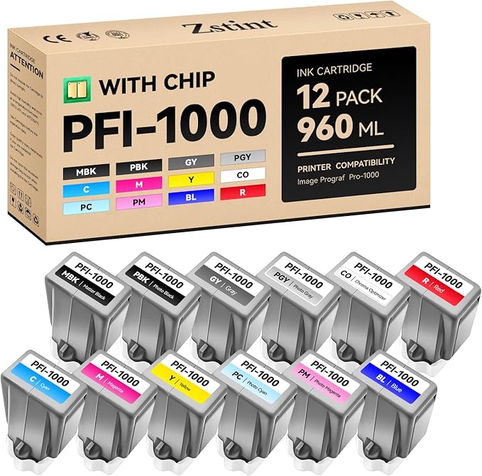 PFI-1000 Ink Tank set 12-Pack 80ml High Capacity with Chip Replacement for Canon PFI-1000 PFI1000 Ink Cartridges Compatible for Canon ImagePROGRAF PRO-1000 Printer Photographic Inkjet Color Twelve Ink-DeskLoop Office