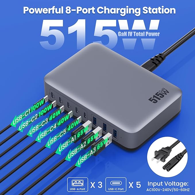 USB C Charger Block 515W[2025 Upgraded] GaN IV 8 Port Fast Charging Station Hub,Dual PD 100W USB C Laptop Charger Compatible with MacBook Pro/Air,iPad,iPhone 16/15,Galaxy S23/S24 Steam Deck Dell XPS-DeskLoop Office