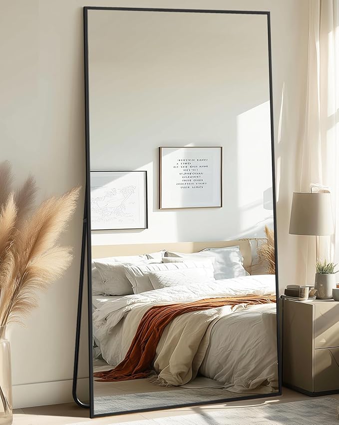 Full-Length Floor Mirror with Stand, 71"x32" Rectangle Style Full Body Standing Mirror for Bedroom, Living Room, Gym, Dorm - Shatter-Resistant & Easy Assembly, Black-DeskLoop Office