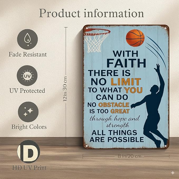 Vintage Christian Basketball Metal Sign – Faith Motivational Wall Art - Image 2