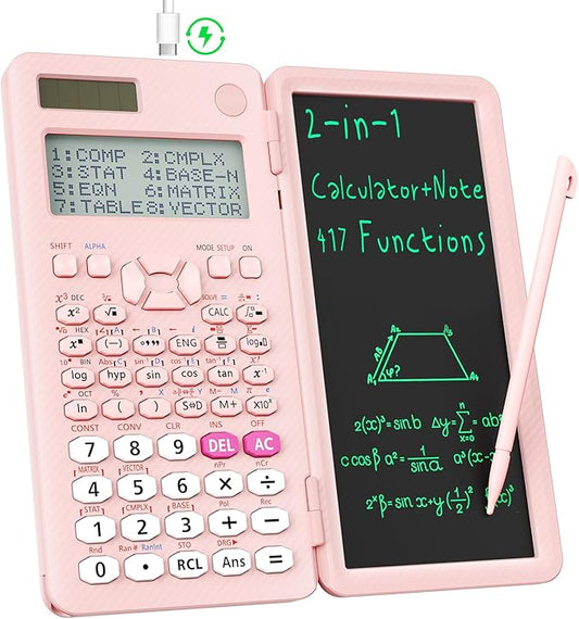 Rechargeable ROATEE 991ES MAX Scientific Calculators, CalcNote Multiview 4-Line Display with LCD Writing Tablet Notepad, Foldable Portable for Business High School College Students and Teacher(Pink)-DeskLoop Office