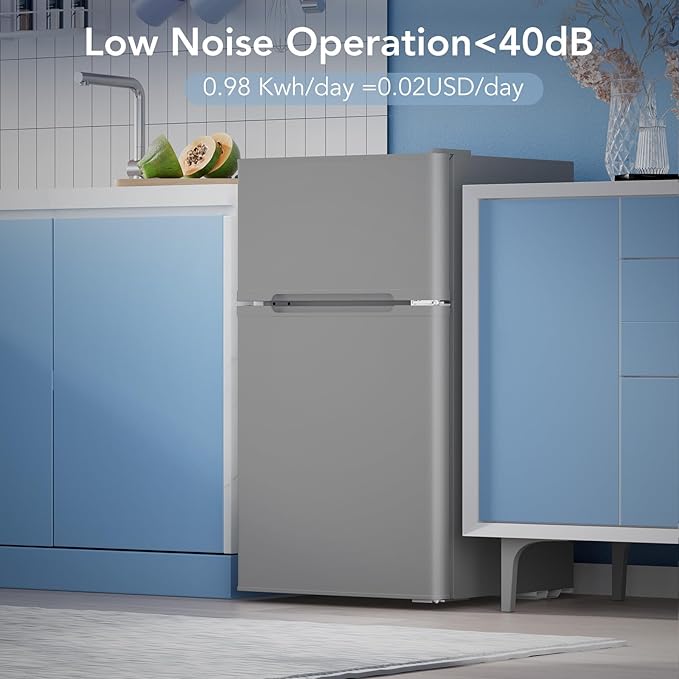 3.1 Cu.Ft Small Fridge with Freezer, Compact Refrigerator with 2 Doors, Mini Fridge with Adjustable Removable Glass Shelves for Bedroom, Dorm, Office or Apartment,Grey-DeskLoop Office