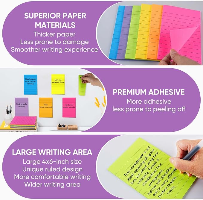 Lined Sticky Notes 4x6 in, Large Note Pads - Image 3