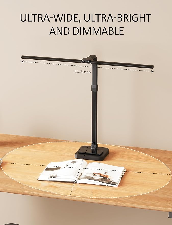 LED Desk Lamp for Home Office, Double Head 24W with Base, Architect Light 5 Lighting Brightness Flexible Gooseneck Table Reading Study, Black-DeskLoop Office