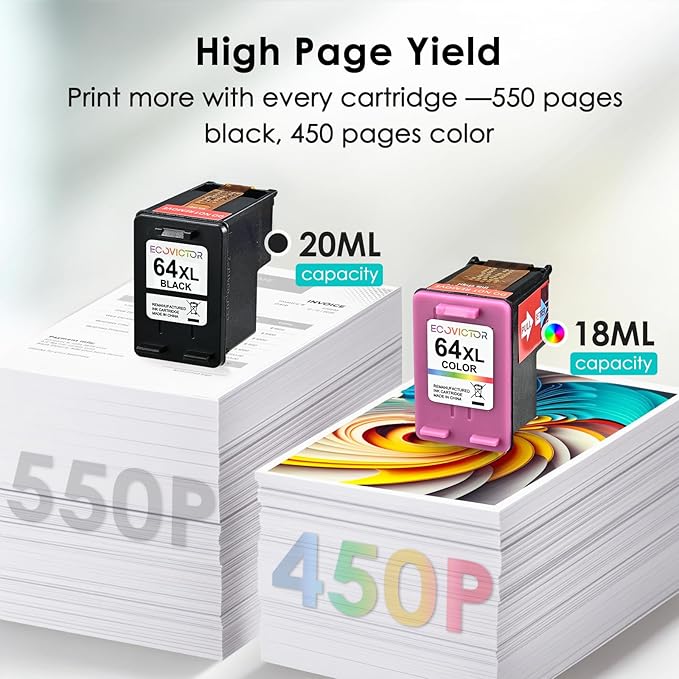 Remanufactured 64XL Ink Cartridges Black/Color Replacement for HP 64XL Ink Cartridge Combo Pack HP Ink 64 for Envy 7855 7858 7155 7800 6252 6255 7100 7164 7200e 7955e 7900e Tango X Printer-DeskLoop Office