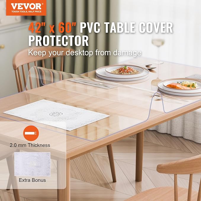 VEVOR Plastic Table Cover, 42 x 60 Inch 2.0 mm Thick Clear PVC Desk Mat - Image 2