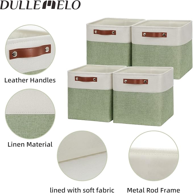 DULLEMELO Storage Baskets for Organizing, Fabric Storage Cubes for Dog Toy Box, 11 Inch Decorative Cube Storage Bins with handle for Baby Gift Basket(4 Pack - 11" White&Green)-DeskLoop Office