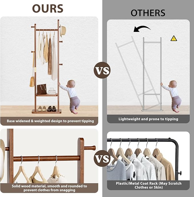 Solid Wood Coat Rack, Coat Rack Freestanding with 2 Shelves and 5 Hooks, Heavy Duty Coat Tree for Entryway，Living room，Coat Hanger Stand for Hats, Bags (Walnut Brown)-DeskLoop Office