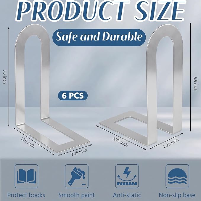 Chunful 6 Pcs Sliver Modern Metal Book Ends - Image 3