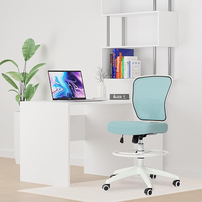 Drafting Chair Adjustable Height Tall Office Chairs Standing Desk Chair Rolling Stool Chair Armless Office Drafting Chair Blue-DeskLoop Office