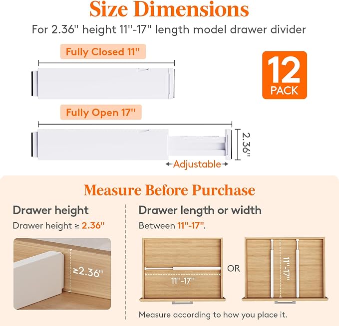 Lifewit 12 Pack 2.36" High Drawer Dividers 28-43.5cm/11-17" Adjustable Drawer - Image 2