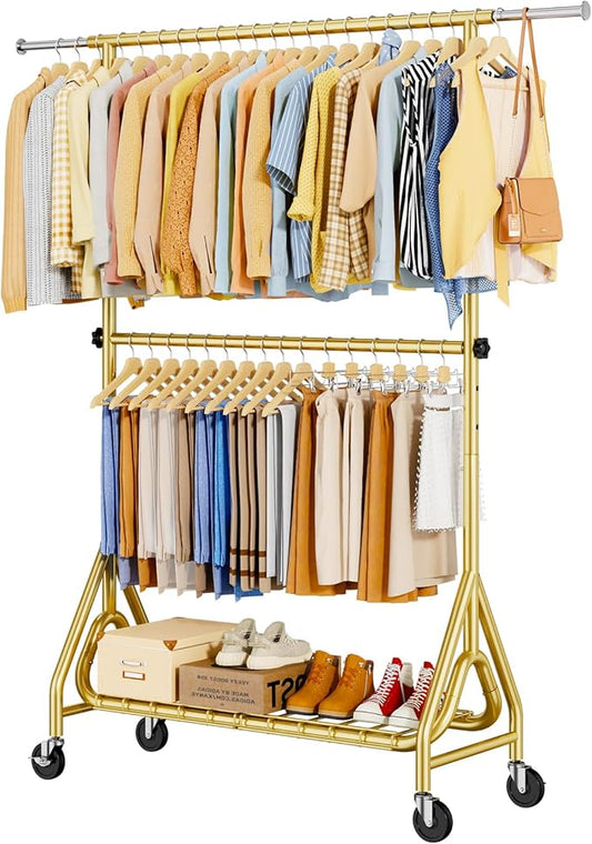 Double Rods Clothing Rack, Heavy Duty Clothes Rack for Hanging Clothes Load 560LBS, Metal Rolling Garment Racks with Wheels, Freestanding Clothes Hanging Racks, Gold-DeskLoop Office