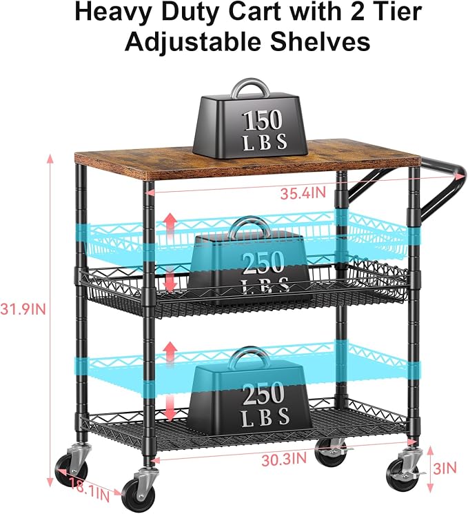 WDT 3 Tier Rolling Carts with Wheels, Heavy Duty Rolling Utility Cart with Wood - Image 4