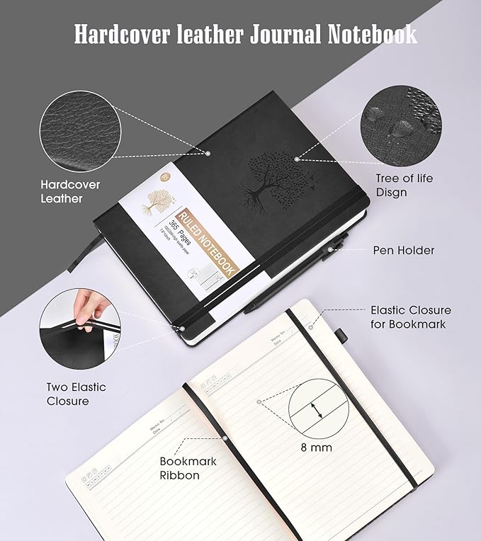 Lined Journal, 365 Pages B5 Large Hardcover Leather Notebook for Women Men, Daily Writing for Work, Note Taking, 100Gsm Thick Paper (7.6'' X 10'' Black)-DeskLoop Office