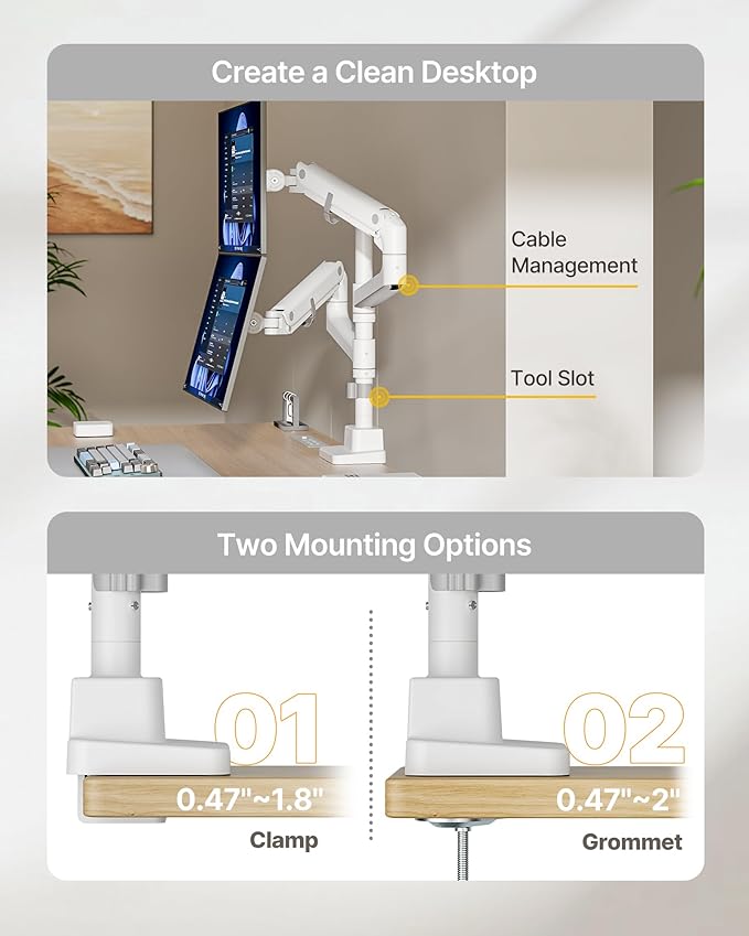 monTEK Dual Monitor Arm for up to 57" and 59.4 lbs Ultrawide Screen, Aluminum Heavy-Duty Gas Spring Vertical Stackable Curved Screen Adjustable Monitor Stand, 75/100mm Vesa Mount, White-DeskLoop Office