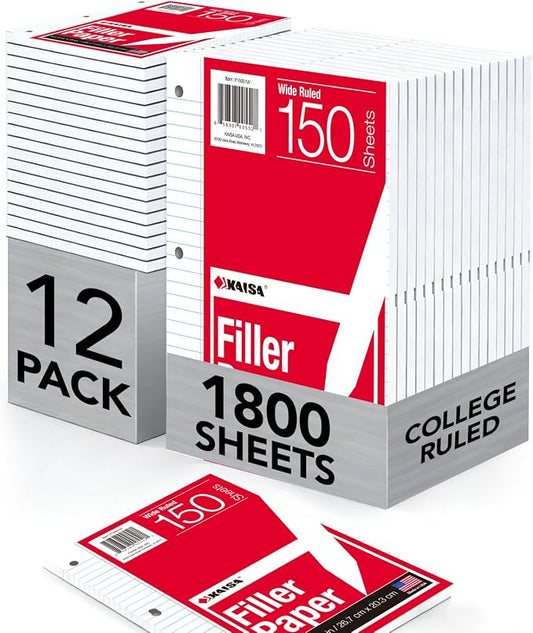Kaisa loose Leaf Paper Filler Paper 150 Sheets 8"x10.5", Wide Ruled, 3-Hole by KAISA
