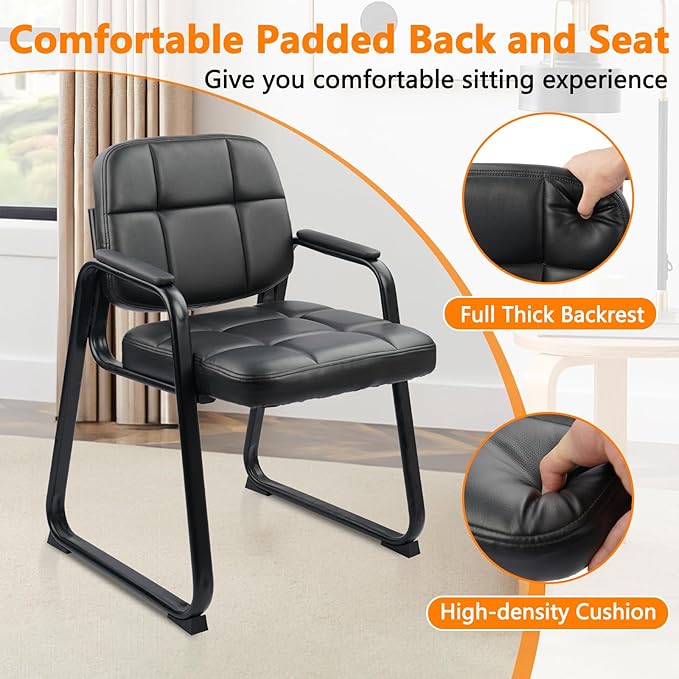 CLATINA Waiting Room Guest Chair with Bonded Leather Padded Arm Rest for Office Reception and Conference Desk Black with Sled Base 4 Pack-DeskLoop Office