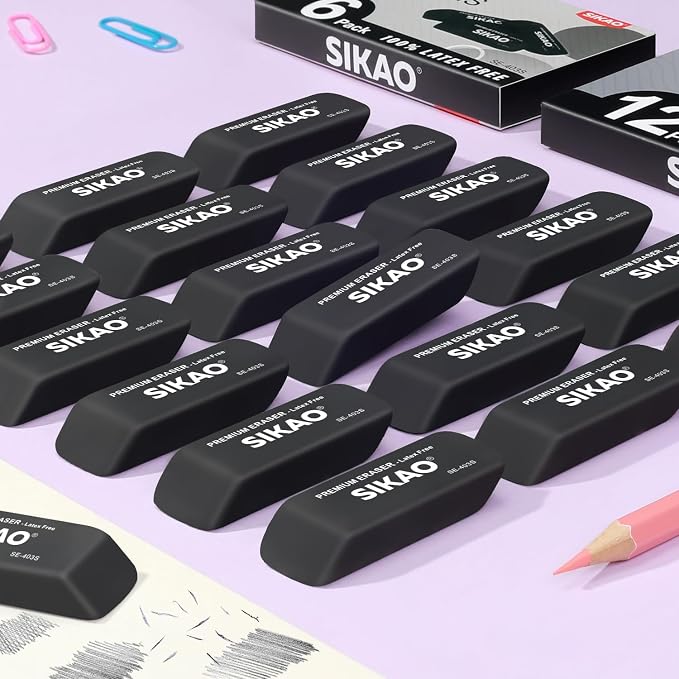 Black Erasers, 12 Pack Block Pencil Erasers | Latex-Free & Smudge-Free Beveled - Image 5