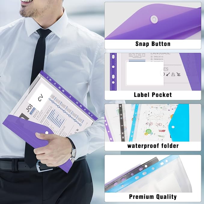 Colorlife Binder Pocket 12 Pack Plastic Envelopes Binder Folders 11 Holes - Image 3