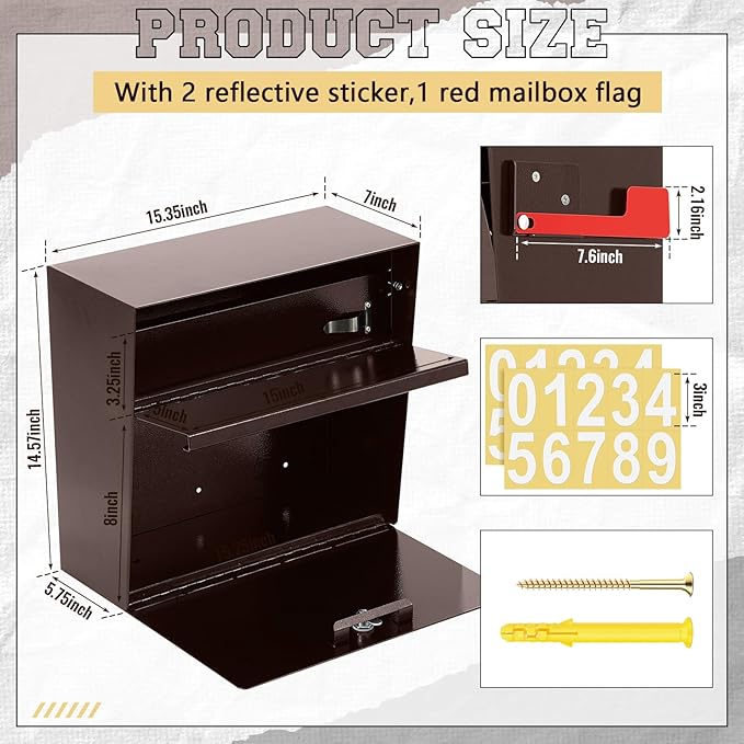 Extra Large Wall Mount Mailboxes for Outside 15.35 x 15 x 7 Inches Locking Security Mail Box Galvanized Steel Wall Mailbox Large Capacity Post Box with Key Lock and Reflective Stickers(Brown)-DeskLoop Office