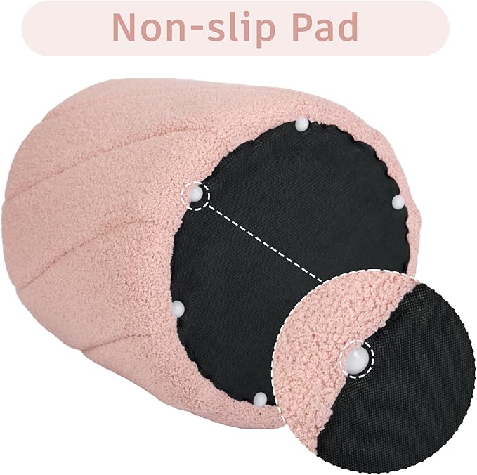 Modern Round Ottoman, Spiral-Tufted Foot Stool Ottoman, Teddy Fleece Upholstered Vanity Stool for Makeup, Bedroom, Living Room, Pink-DeskLoop Office