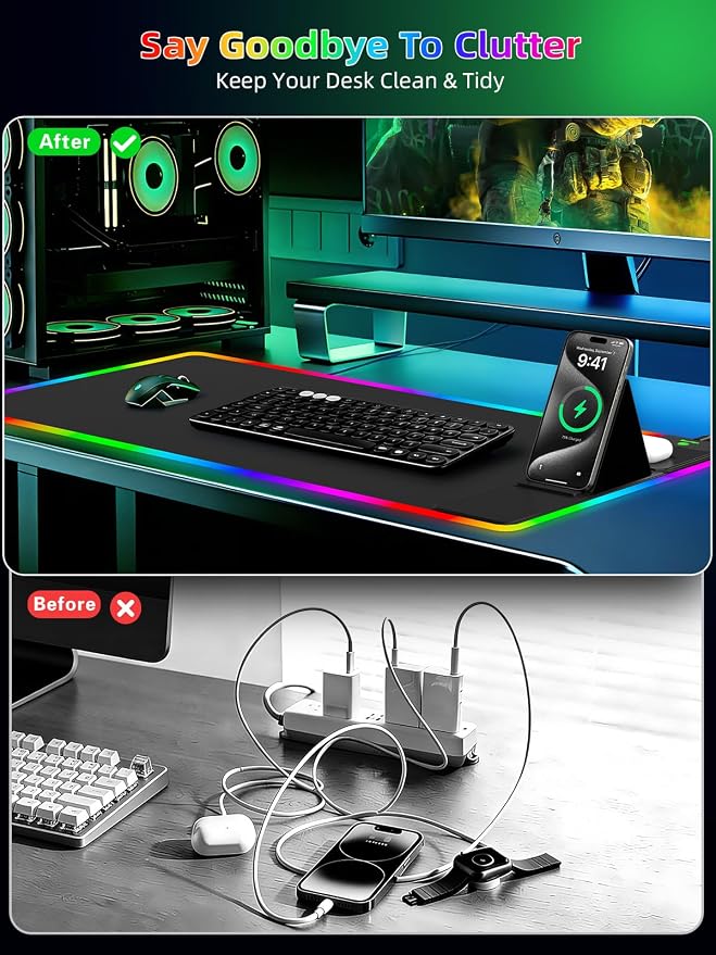 Mouse Pad with Foldable Phone Holder & Wireless Charger, XXL RGB Gaming - Image 6