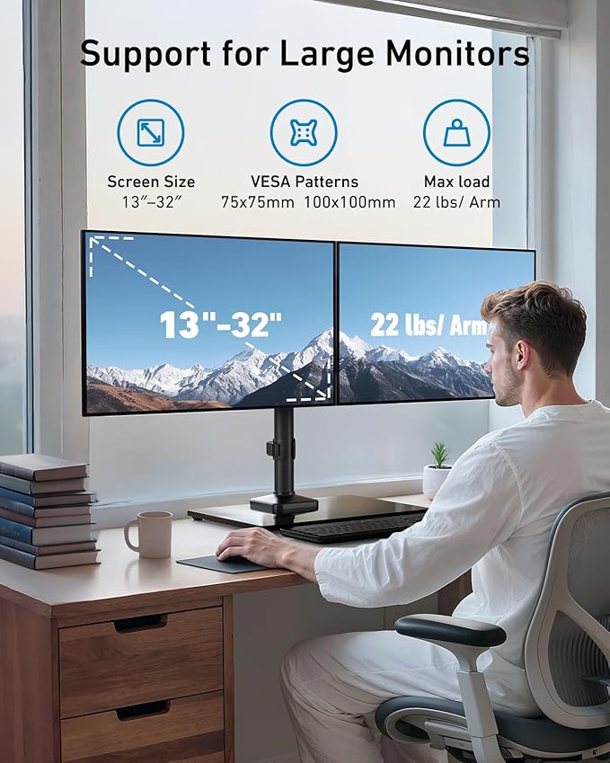 HUANUO Freestanding Dual Monitor Stand, 32 Inch Dual Monitor Mount for 2 Screens, Holds up to 22 lbs per Arm, Monitor Arm Riser with Tempered-Glass Base, Tilt, Swivel, Rotation, Black-DeskLoop Office