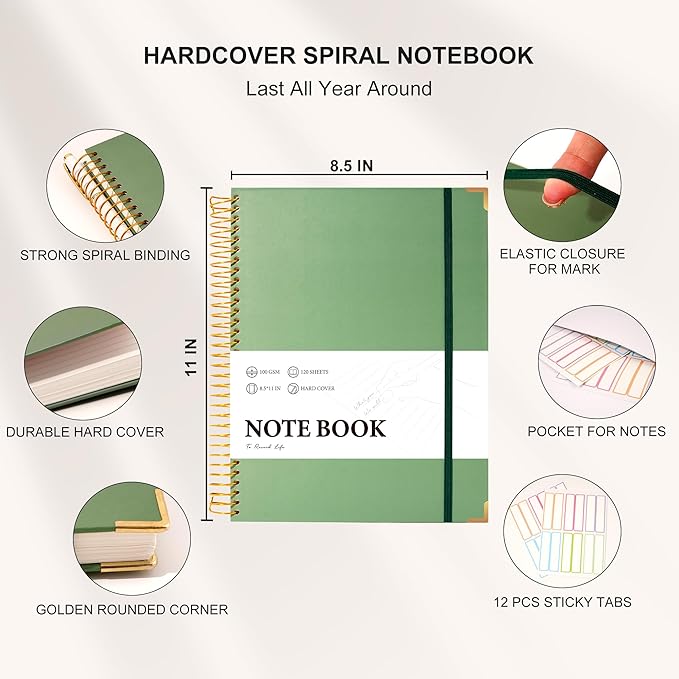 Large Spiral Notebook College Ruled with Tab Stickers A4 Notebooks for School Supplies Hardcover Spiral Notebook 8.5 x 11 Journal Note Book for Work Note Taking Women Men Writing, 220 Pages, Green-DeskLoop Office