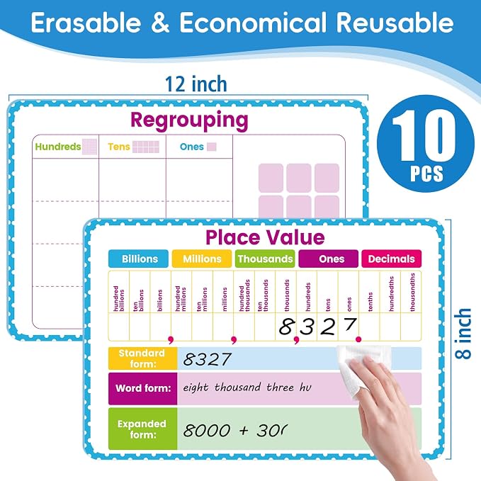 10 Packs Place Value Dry Erase Boards, Double Sided Math Manipulatives - Image 2