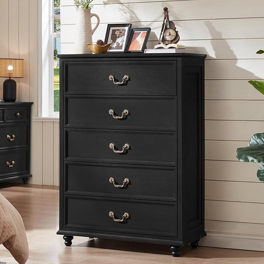 Farmhouse 5 Drawer Dresser for Bedroom, 45" Tall Rustic Chests of Drawers w/ 4 Solid Wood Feet, Mid Century Modern Wooden Closet Storage Dressers Organizer for Living Room, Hallway, Black-DeskLoop Office