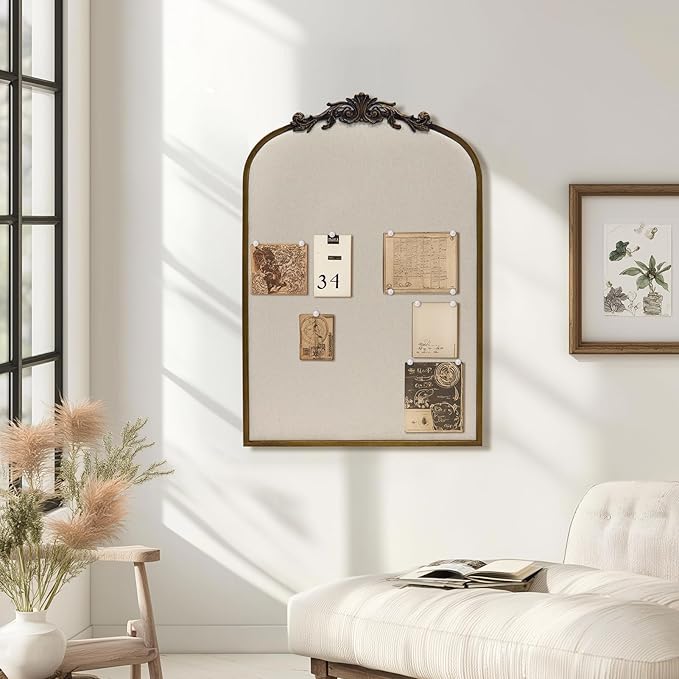 Arch Fabric Pinboard, Antique Gold Bulletin Boards 24"x36", Vintage Cork Board with Ornate Iron Frame for Wall Unique Display, Organization and Decor Options-DeskLoop Office