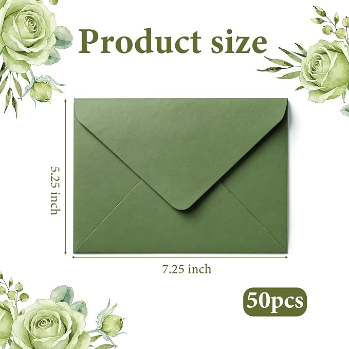 50 Pcs Olive Green Envelopes Floral Pattern 5x7 Envelopes - Image 3