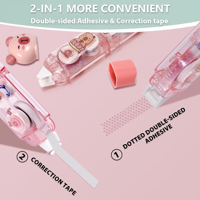 2 in 1 Correction Tape and Double Sided Tape Roller, Cute Quick Dry Japan White - Image 2