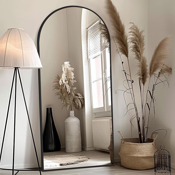 Large Arched Floor Mirror Full Length with Stand, 71''x32'' Black Standing Full Length Mirror for Bedroom Living Room Gym, Aluminum Alloy Frame-DeskLoop Office