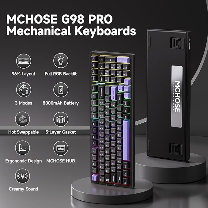 G98 PRO Wireless Mechanical Keyboard, Tri-Mode Connection Gaming Keyboard, Hot Swappable Custom Gasket Structure, Pre-lubed Linear Switches, Double Shot PBT Keycaps RGB LED Backlit Purple&Black-DeskLoop Office