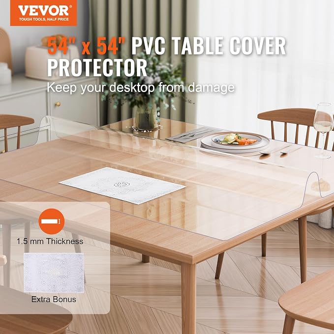 VEVOR Plastic Table Cover, 54 x 54 Inch 1.5 mm Thick Clear Square PVC Desk Mat - Image 2