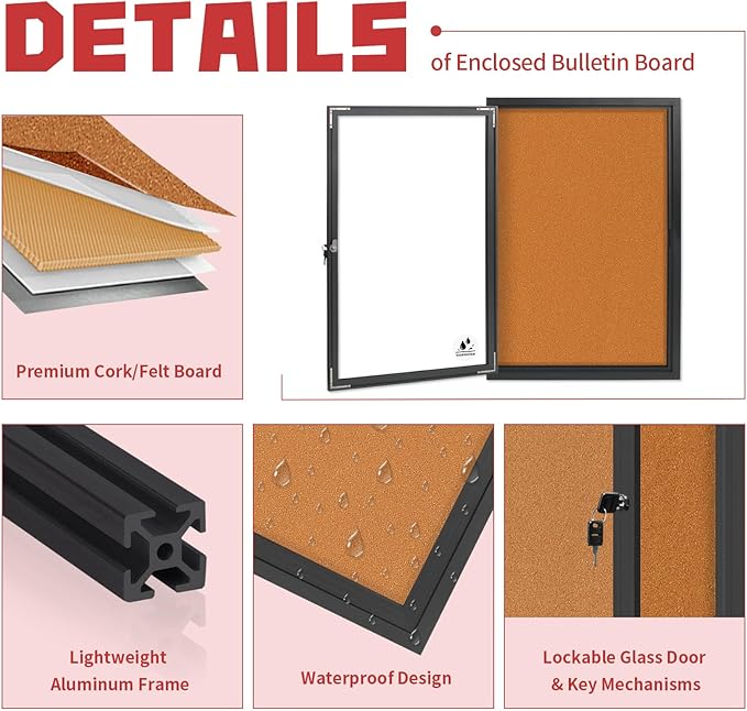 Enclosed Bulletin Board,Outdoor Weatherproof Cork Noticeboard with Locking Door, Wall-Mounted Black Aluminum Frame,Display Case Message Board for Office Home,36x24 Inch (5xA4)-DeskLoop Office
