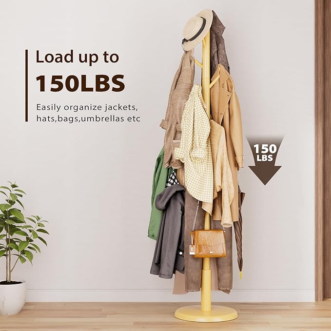 Solid Wood Coat Rack Freestanding Coat Tree with 10 Hooks for Bedroom, Livingroom, Entryway, Sturdy Coat Hanger Stand for Hats, Coats, Scarves, Handbags, Purses-DeskLoop Office