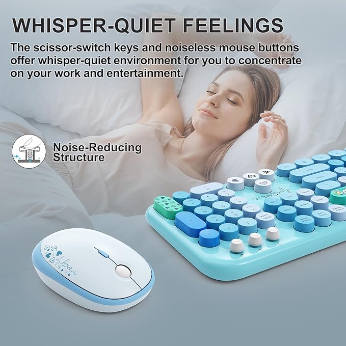 FOPETT Wireless Keyboard and Mouse Combo - 2.4G Full-Sized Cute Colorful Retro Keyboard with Round Keycaps 104 Keys Typewriter Keyboard for Laptop/Windows/PC-Blue Colorful-DeskLoop Office