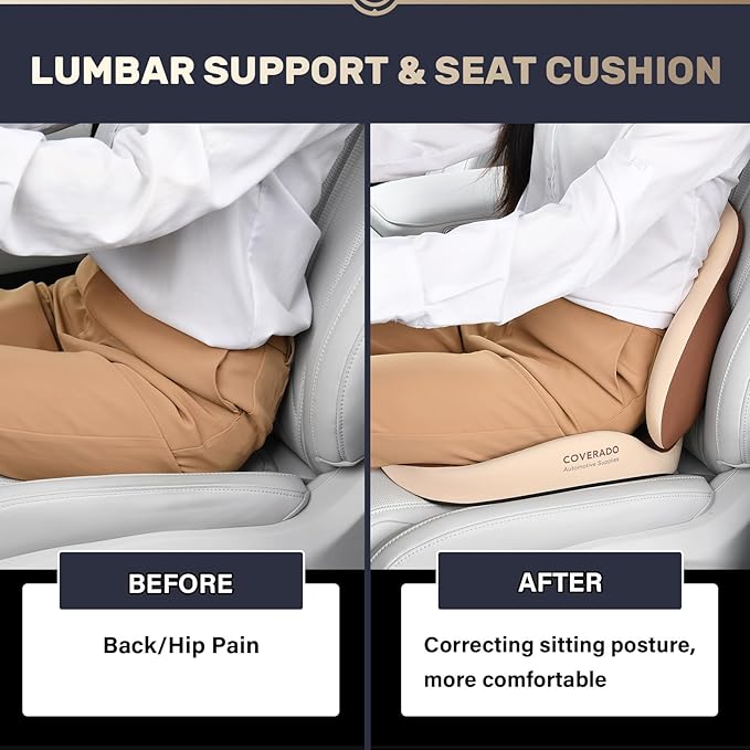 Coverado Seat Cushion and Lumbar Support Pillow for Car Office Chair, Ergonomic Memory Foam Desk Chair Cushion Back Support Pillow, Sciatica & Back & Tailbone Pain Relief Cushion-Beige-DeskLoop Office
