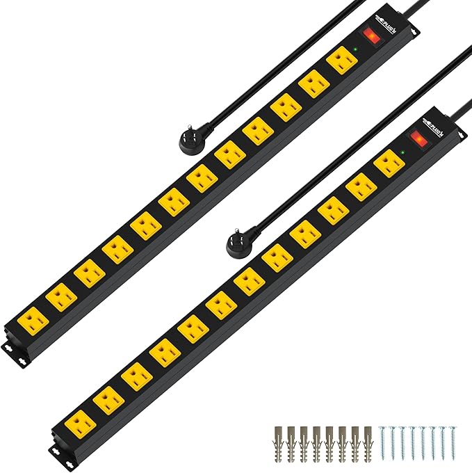 12 Outlet Long Power Strip, 2100 Joules Surge Protector, 6FT Power Cord, Wide Spaced Outlet Power Bar, Overload Protection Switch, Industrial Heavy Duty for Work Bench, Shop, Garage, 2 Pack…-DeskLoop Office