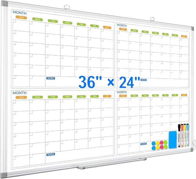 Dry Erase Calendar Whiteboard for Wall, 36" x 24" Magnetic Planner, Silver Aluminum Frame 4 Month Board for Office Home and School-DeskLoop Office
