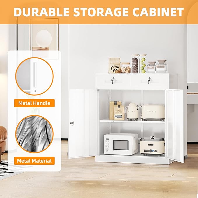 INTERGREAT Metal Cabinets with Drawers,White Metal Storage Cabinets with Doors and Shelves for Garage,Locking Garage Storage Cabinets Drawer 42"×36"×18"-DeskLoop Office