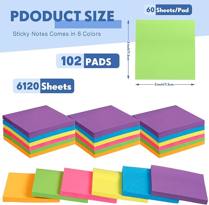 Leinuosen 102 Pack Sticky Notes 3 x 3 Inches Cute Sticky Notes Bright Colors Self Stick Pads Memo Easy to Post for Home Desk Office Notebook, Message Reminder, Stationary Supplies Office Supplies-DeskLoop Office