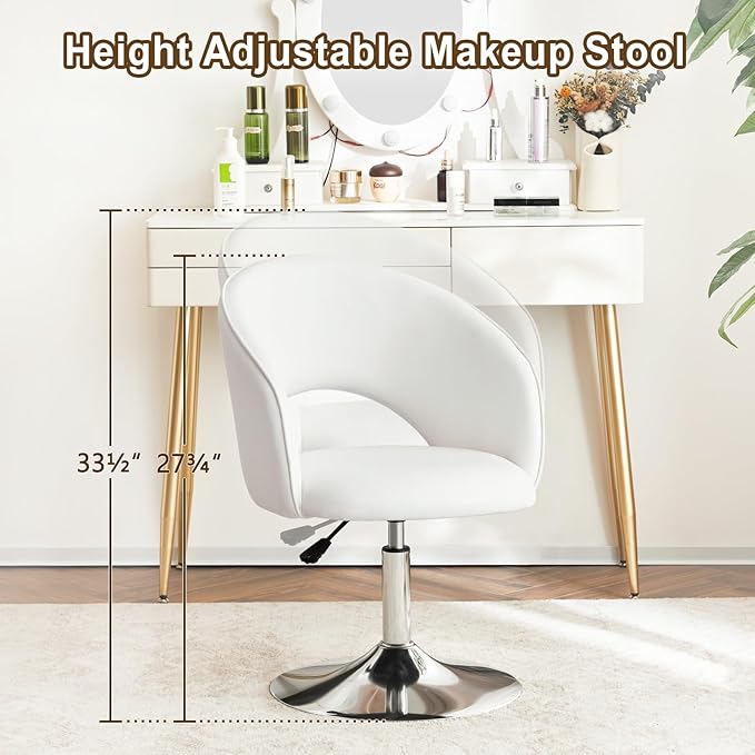 Furnimart Vanity Chair White Leather Vanity Stool, Height Adjustable Accent Chair with Back, Round Swivel Makeup Chair for Living Room Bedroom Vanity Makeup Room (PU White)-DeskLoop Office